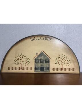Primitive Folk Art Welcome Sign Half Circle 1980’s Handmade Vintage